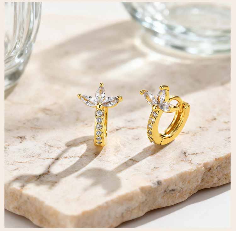 Gold Color Sparkling Crystal Zircon Hoop Earrings, CZ Flower Women's Cubic Zirconia Huggie Earrings Wedding Jewelry