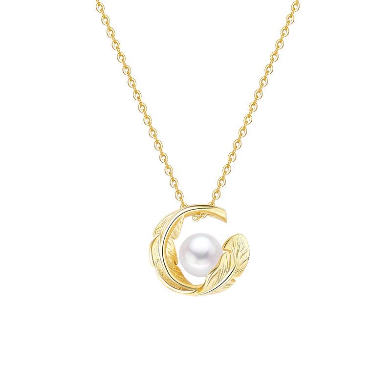 Elegant Freshwater Pearl & Feather Necklace for Women - S925 Sterling Silver Clavicle Chain, Light Luxury Design S925 Sterling Silver