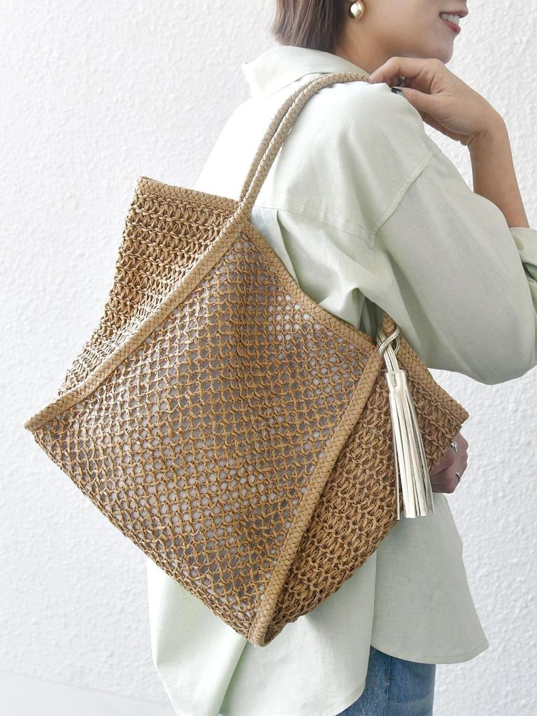 Ships Any Tassel Openwork Paper Tote Bag 720030110, Camel, One Size