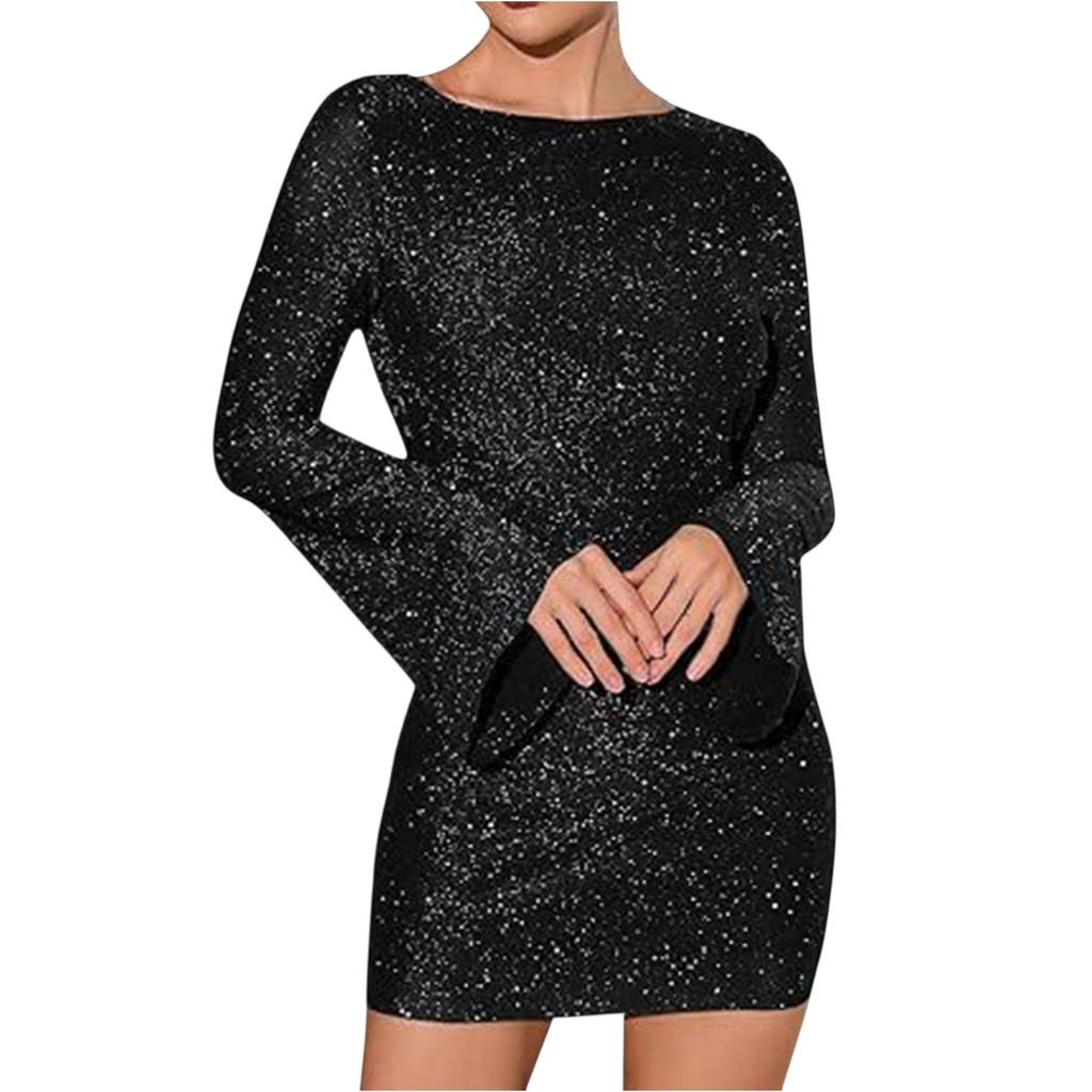 Abito da donna sexy con paillettes, manica lunga, alla moda, schiena scoperta