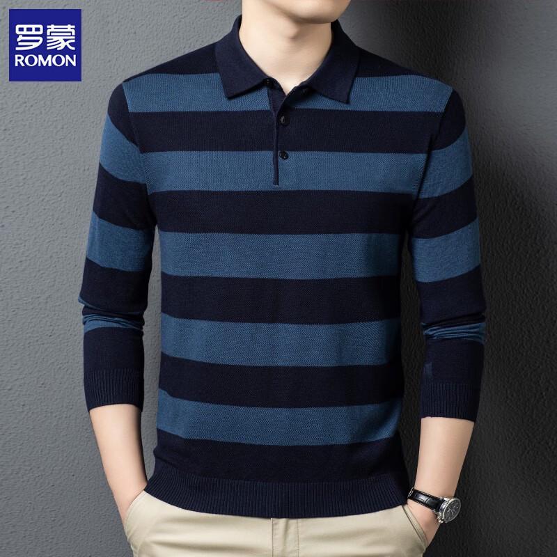 ROMON Men's Wool Blend Striped Lapel Knit Shirt