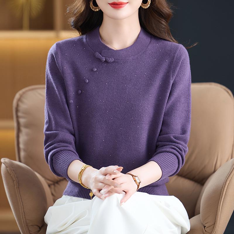 Autumn Winter Chinese Retro Cheongsam Collar Thick Knit Sweater – Fashionable Women's Pullover