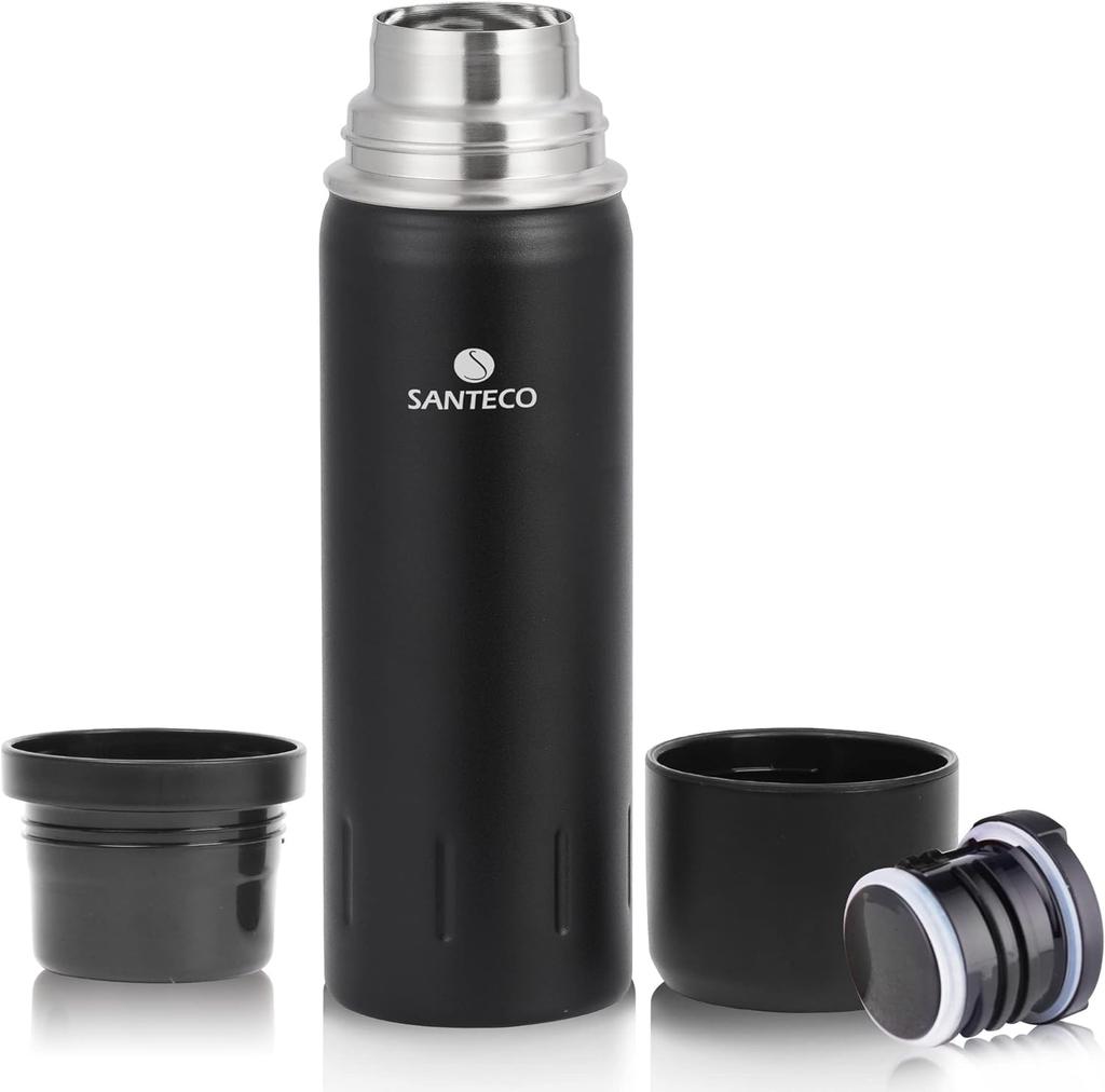 SANTECO Water Vacuum 1 Thermos with Stainless Steel 2 Cup Thermal Cold Large Compatible with Sports KOLIMA Black Bottle, Insulated, Liter, Cup,