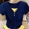 Chic color matching fake two-piece front shoulder short-sleeved T-shirt women's summer new Spice Girl slim-fitting waist short top
