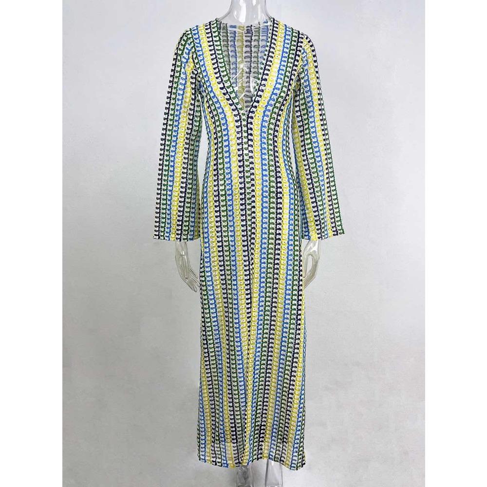 Crochet Colorful Stripe Maxi Dress Women Flare Sleeve V-neck High Split Sexy Long Dresses Beach Banquet Vestidos