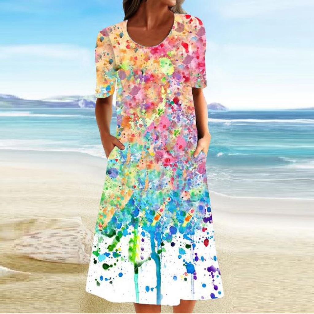 Women's Retro Printed Skirt Short Sleeve Skirt Round Neck Dress Summer Dress