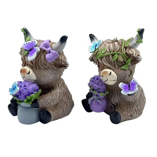 Chic Holiday Presents for Friends Lavender Highland Cow Resin Figurine, Cute Fluffy with Butterfly Bow & Floral Wreath, Pastoral Style Home