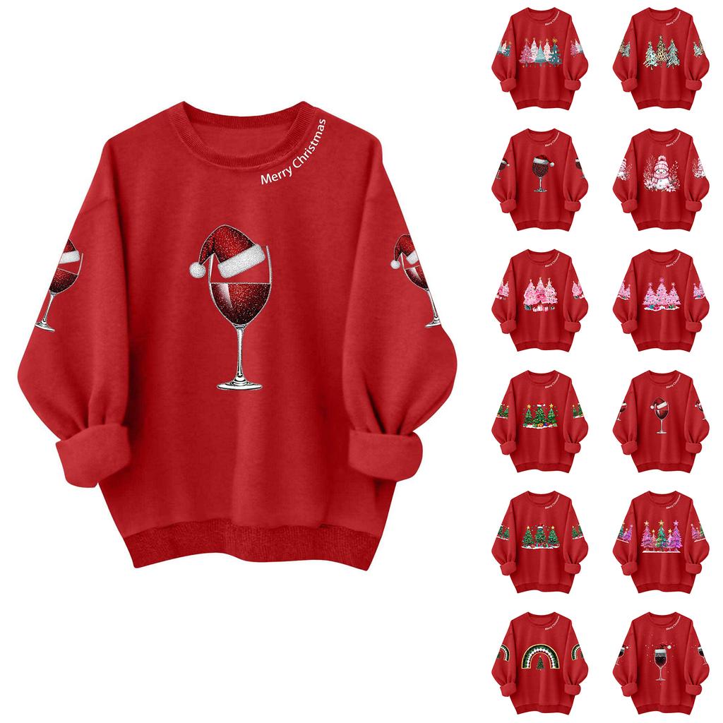 Ladies' Casual And Fashionable Round Neck Top With Christmas Print Hooded T-shirt Long Sleeved Sweatshirt