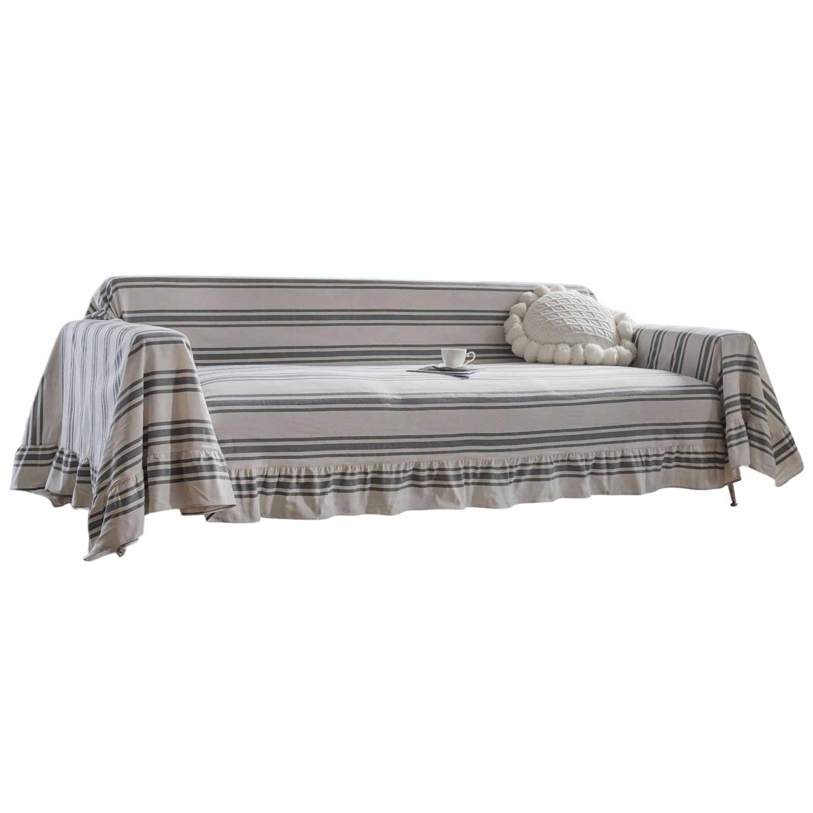 Striped Couch Cover Polyester Cotton Materials Breathable Fabric with Decorative for Sectional Sofas