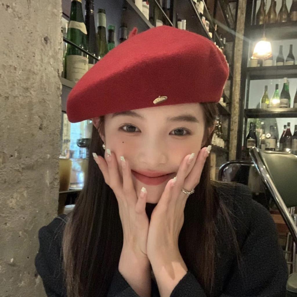 Autumn And Winter Metal Standard Wool Beret Female Korean Version Literary And Retro Painter Hat Showing Face Small Cloud Hat