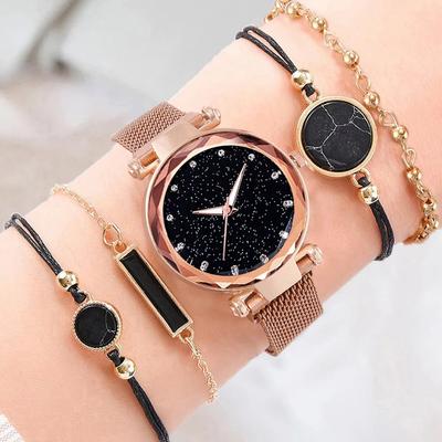 5 Stück Mode Damenuhr Sternenhimmel Magnetverschluss Mesh-Armband Diamant Quarz Uhr Damen Kleid Uhr Armbanduhren für Mädchen Geschenk