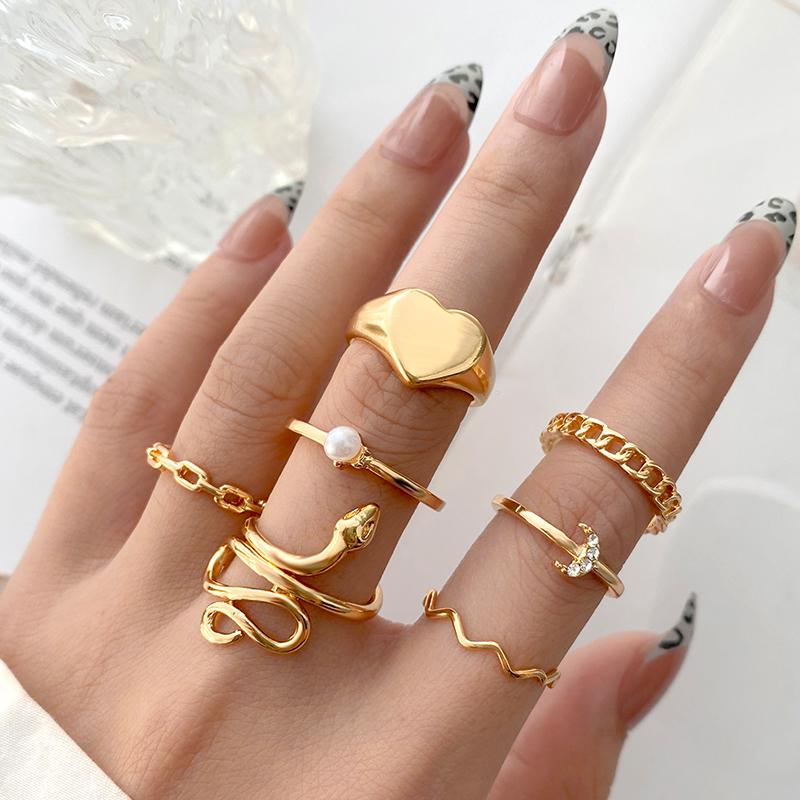 Vintage Gold Silver Color Geometric Rectangle Round Rings Set for Women Men Fashion Snake Sun Leaves Rings Jewelry Gift