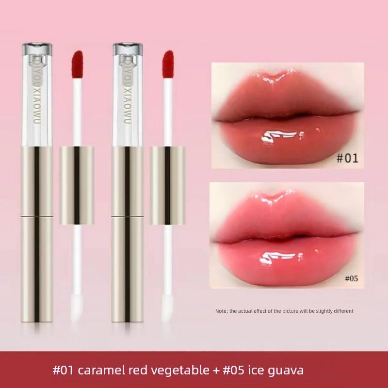 Qiyu Xiaohu Double-Ended Raincoat Mirror Lip Glaze, Non-Fading, Non-Stick, Moisturizing, Hydrating, Brightening, Water-Glossy Plump Lips