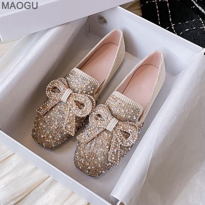 Crystal Rhinestone Beaded Women Low Heel Pumps Elegant Square Toe Ladies Fashion Slip-on Loafers Bowknot Flats Size 34-43 Shoes