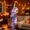 Women's V-Neck Short Sleeve Scrub Set with Pockets, Halloween Print 2-Piece Uniform for Work