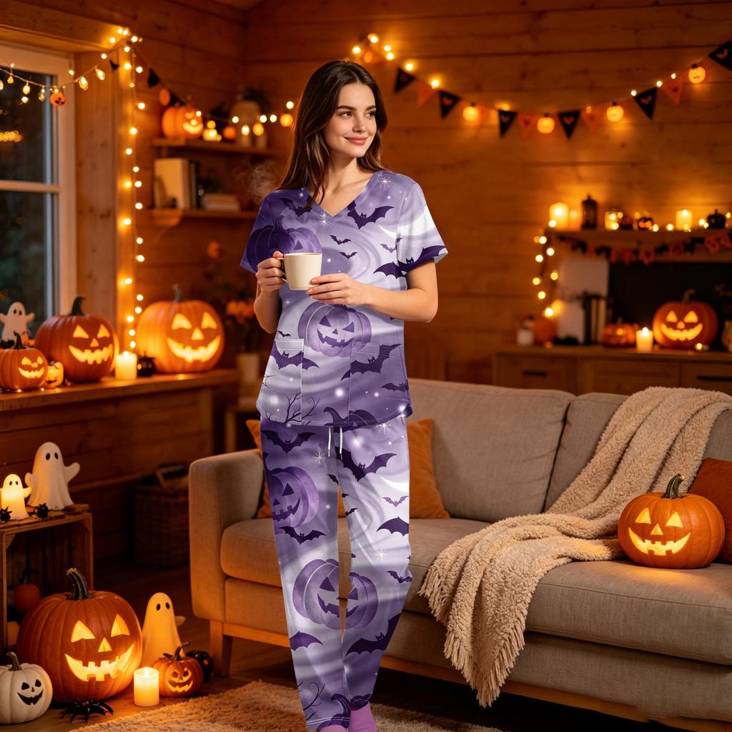 Women's V-Neck Short Sleeve Scrub Set with Pockets, Halloween Print 2-Piece Uniform for Work