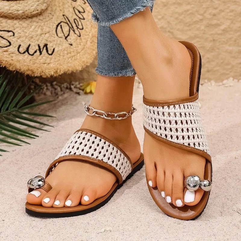 

Fashion 2025 women s shoes set of toes Women s Slippers Fashion Metal decoration casual slippers women new plus size flat slippers 36