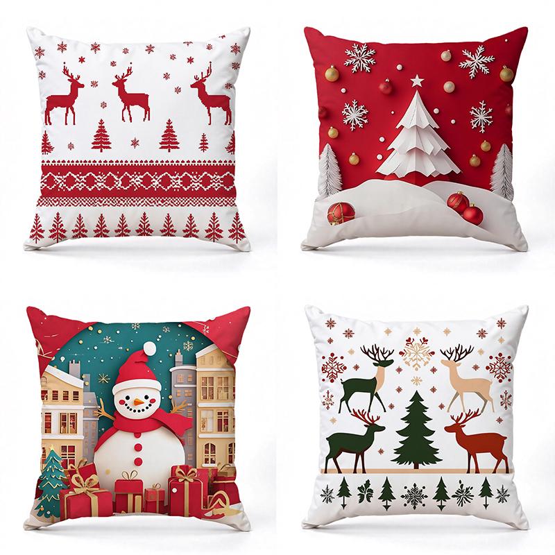 Christmas Decorative Pillows Reindeer Snowman Pattern Square Polyester Pillowcase, Modern Sofa Decorative Cushion Cover