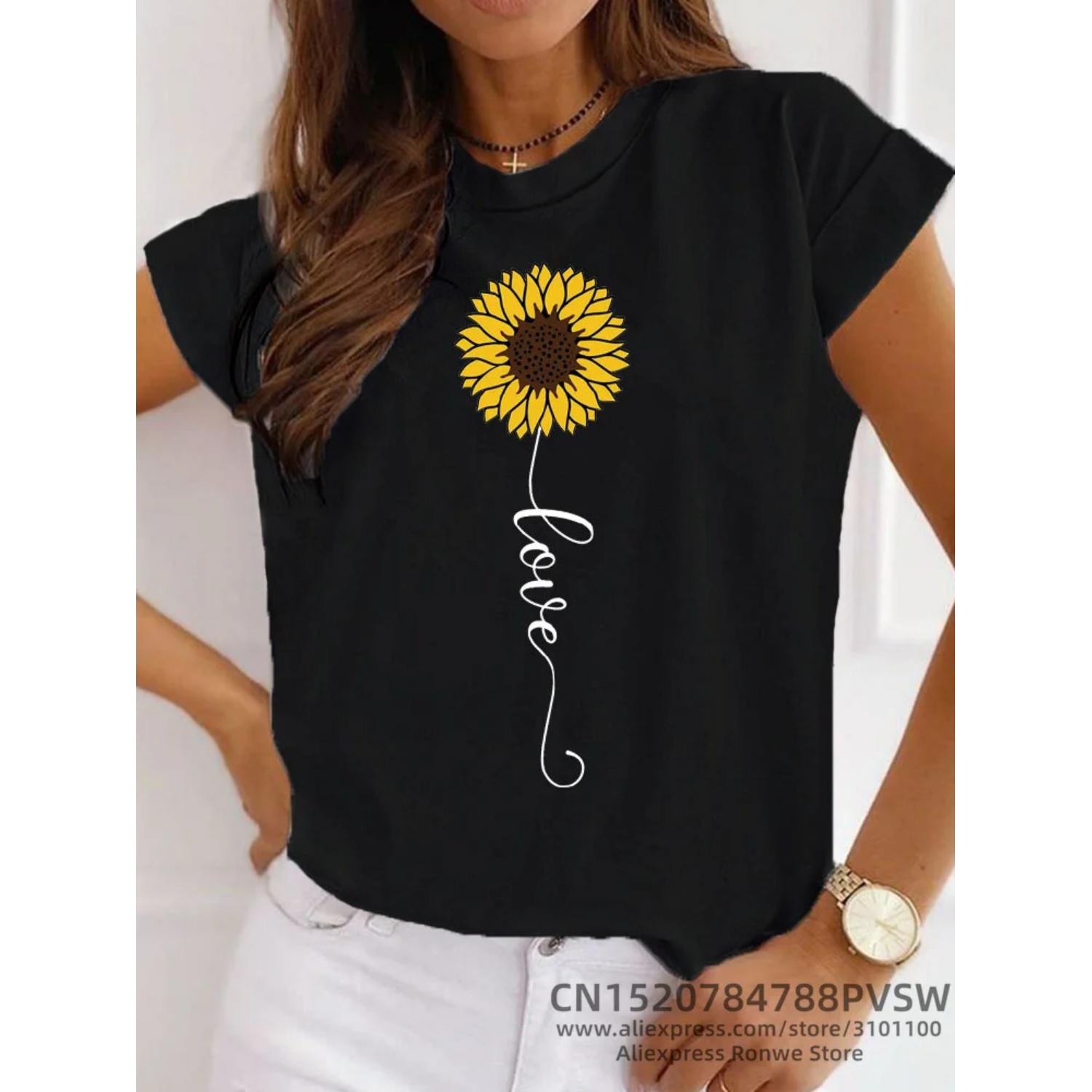 Women Sunflower Printed Casual Basic O-Neck T shirt Young Girls Soft Hand Feel Y2K Harajuku T-shirts Female Tops Tees S чёрный
