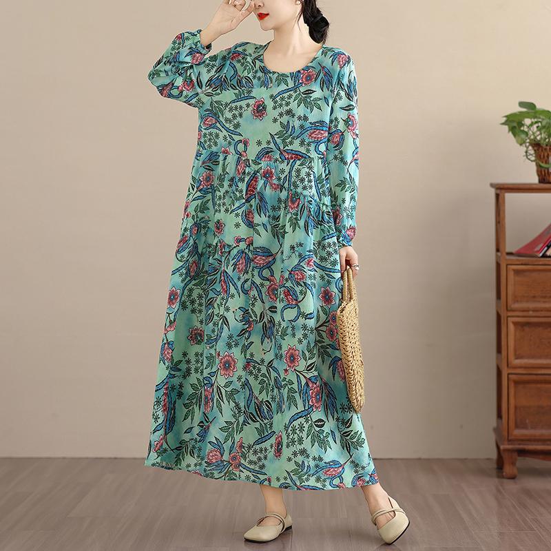 DIMANAF New 2026 Spring Summer Women Plus Size Vintage Long Dress Loose Oversize Long Sleeve Maxi Floral Print
