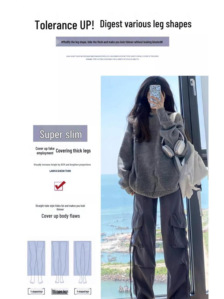 Petite High Waist Gray Wide Leg Cargo Pants for Women - Spring/Summer 145cm Length