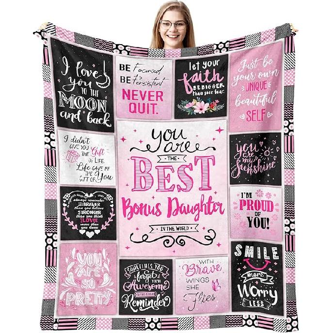 Bonus Daughter Gifts Throw Blanket 60 x 50 Inch, Step Daughter Gifts from Stepmom Stepdad, Gift for Bonus Daughter from Bonus Mom, Best Stepdaughter 60  x 50