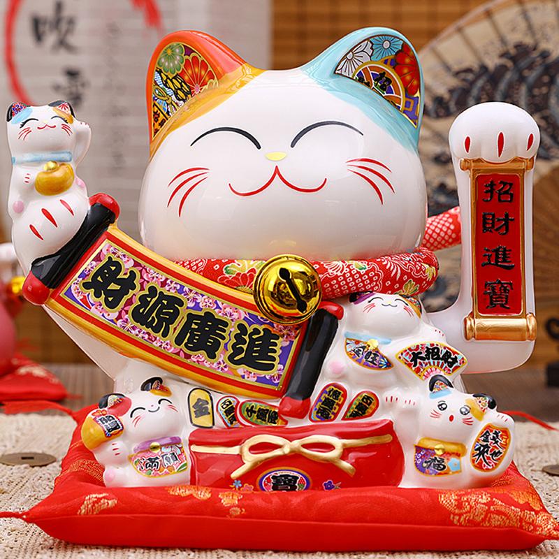 8.2 Inch Ceramic Lucky Cat Ornament Maneki Neko Beckoning Cat with Movable Arm Porcelain Figurine Decoration Statue