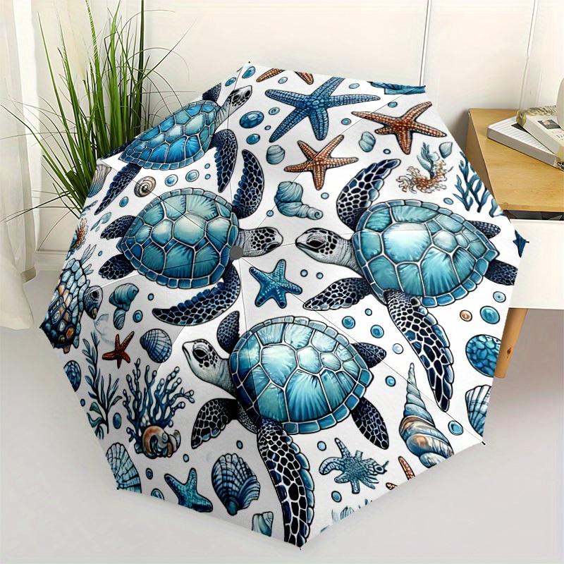 1pc Sea Turtle Print Automatic Open, Sturdy Iron Frame, Compact Folding Design, All-Season Portable Umbrella for Women & Men, Outdoor Umbrel