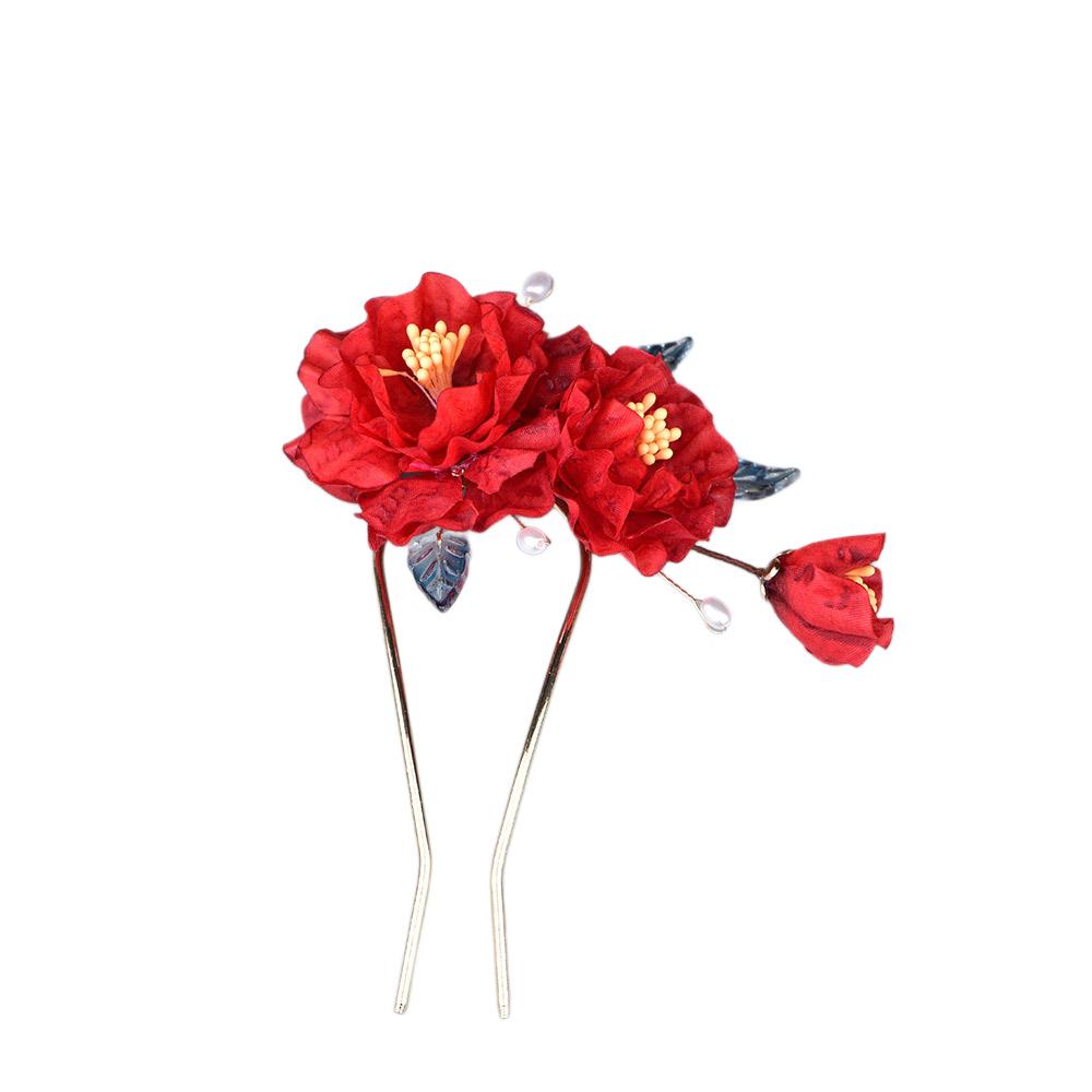 Red Silk Flower Ancient Style Hairpin and U-Shaped Pin Hair Accessory for Qipao, Hanfu, or Wedding