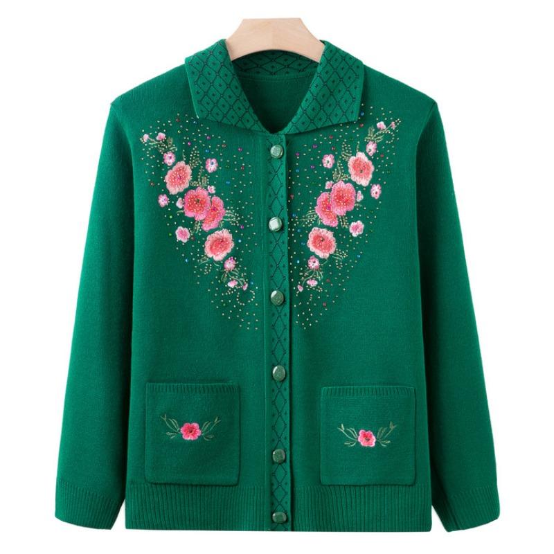 Middle-aged mother autumn and winter embroidered cardigan sweater the elderly cardigan knitted sweater jacket grandma top