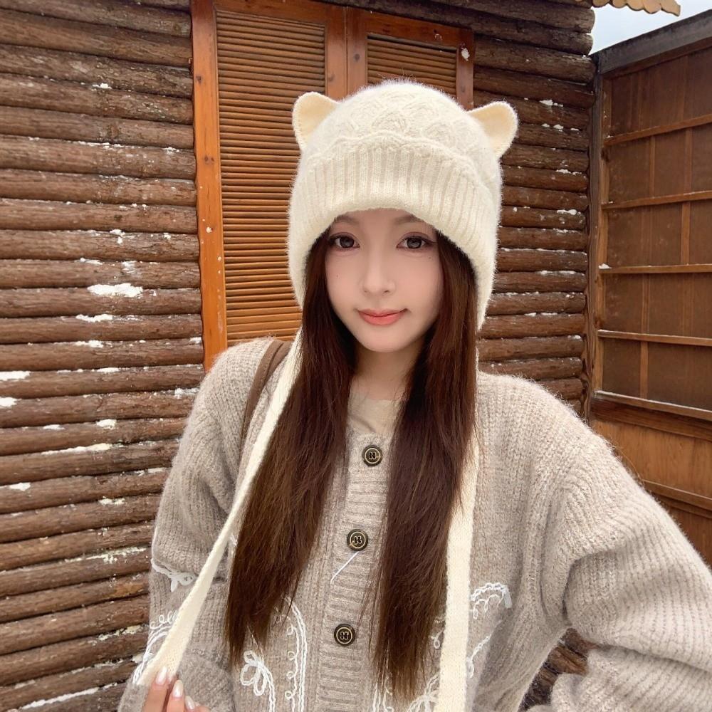 Windproof Cat Ear Knit Hat 3D Cat Ear Head Cover Korean Style Soft Beanie Walking