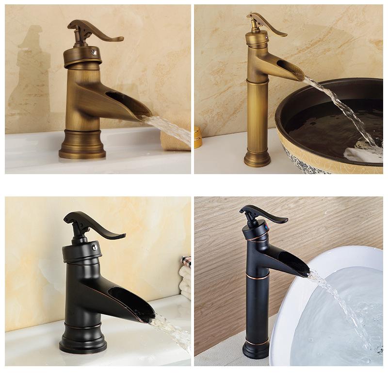 Antique Basin Faucets Black Bronze Waterfall Faucet Bamboo Bathroom Sink Taps Single Lever Hot and Cold Water Mixer Taps
