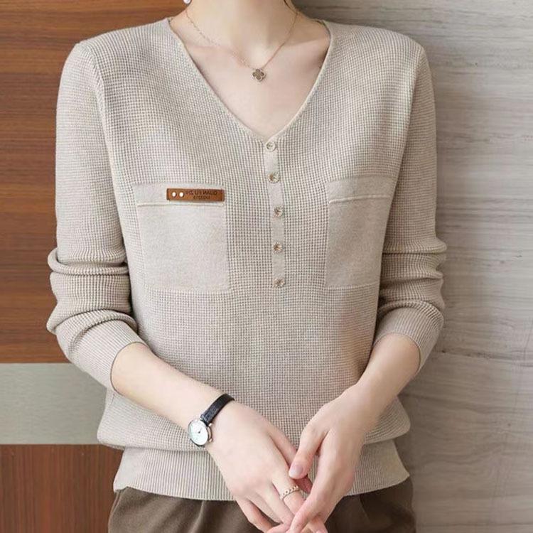 

Трикотажный базовый свитер для женщин, пуловер с V-образным вырезом, застегивающийся на пуговицы, с длинными рукавами, с имитацией кармана, свитера, топ One size хаки