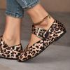 Women Flats Spring New Fashion Buckle Strap Leopard Print Square Toe Shallow Mary Jane Shoes French Style Versatile Flat Loafers