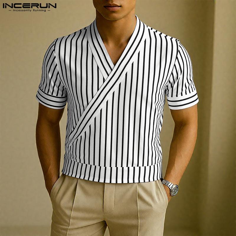 

INCERUN Summer Mens V Neck Short Sleeve Front Cross Striped Casual T-shirts 5XL білий