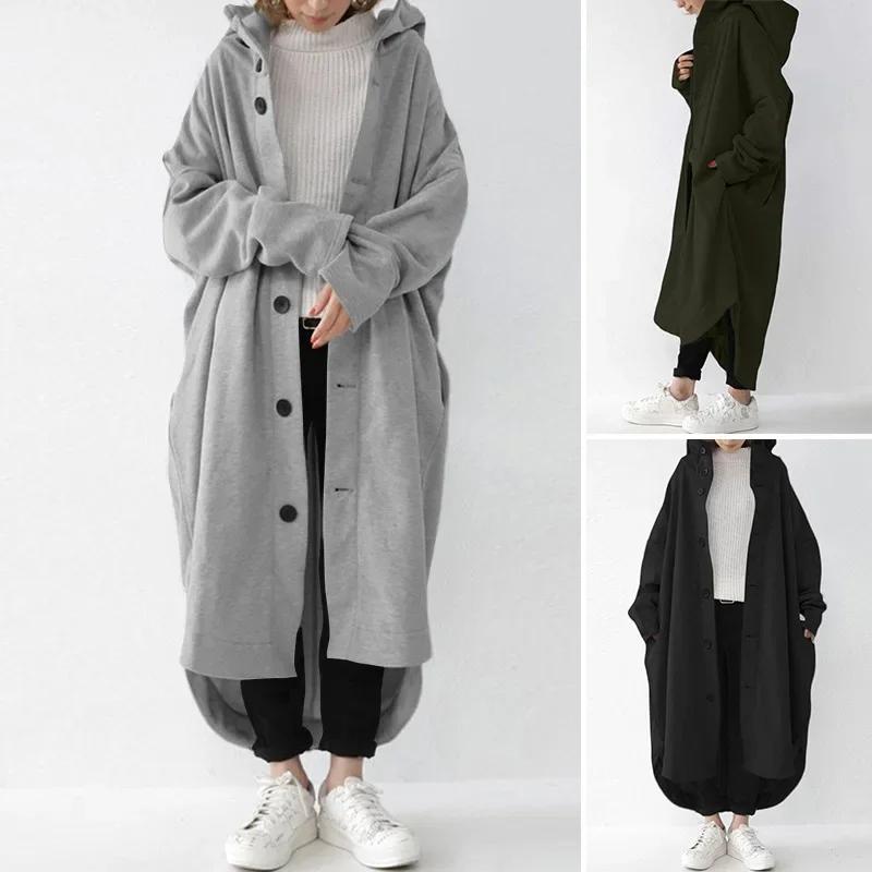 

Spring Women Coat Long Hoodie Trench Pockets Loose Oversize Hoodies Jacket Female Winter Warm Casual Fashion Ladies Clothes XXXXXL чорний