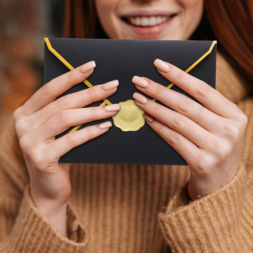10Pcs A7 Black Envelopes with 10Pcs Golden Stickers for Wedding Birthday Party Invitation Paper Envelopes
