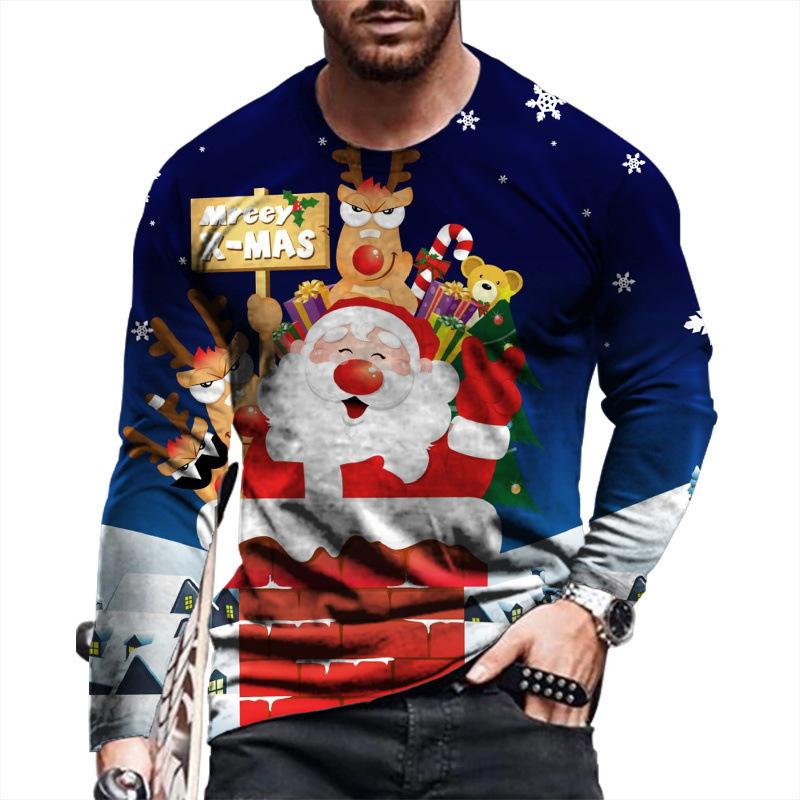 Round Neck 3D Christmas Pattern Top Casual Long Sleeved Men's T-shirts - Soft Medium Stretch Polyester Fabric Spring and Autumn Relaxed Fit Clothing