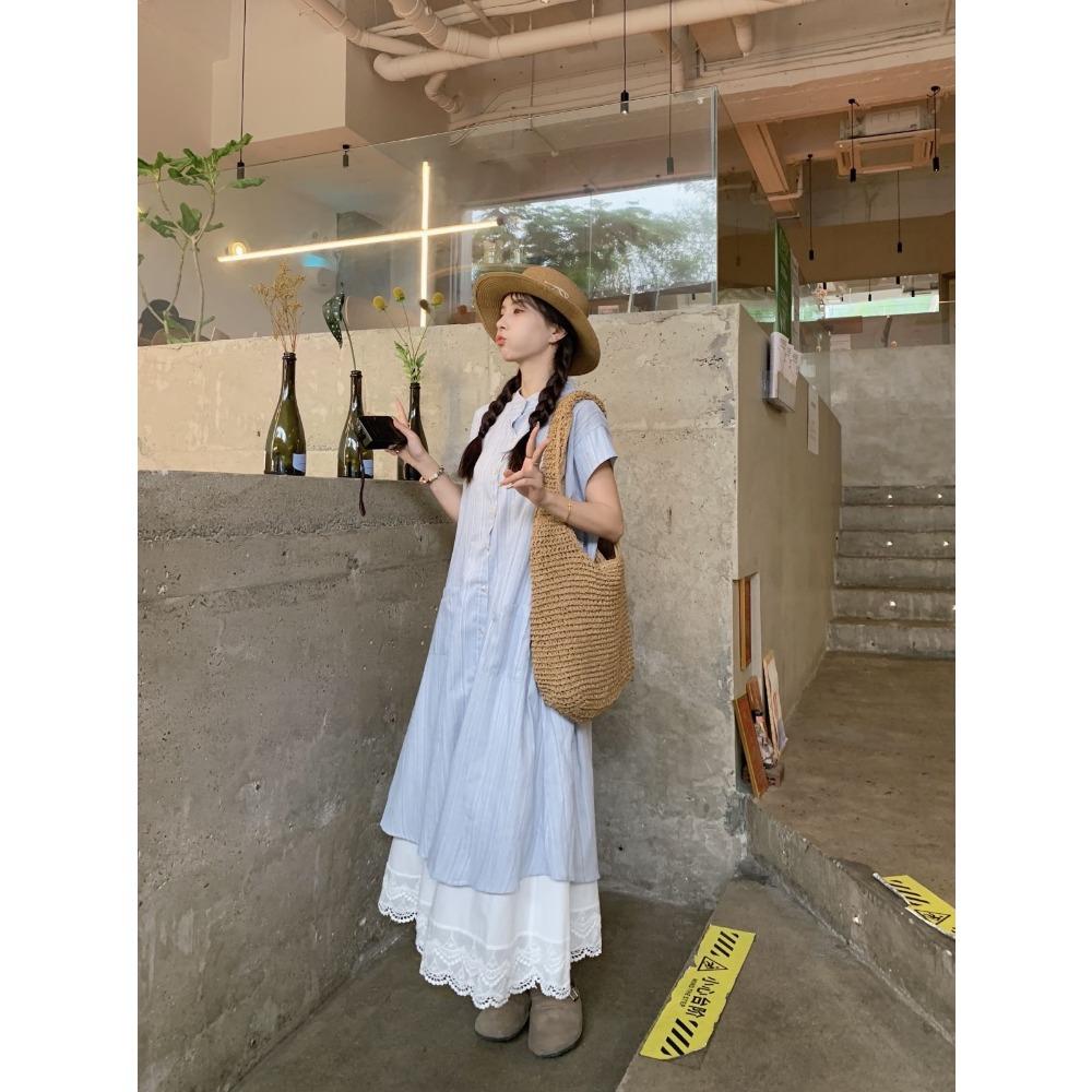 Summer Blue Shirt Dress Women's Loose Casual Gentle Style Long Skirt Two-Piece Set Layering Clothing Female Fashion