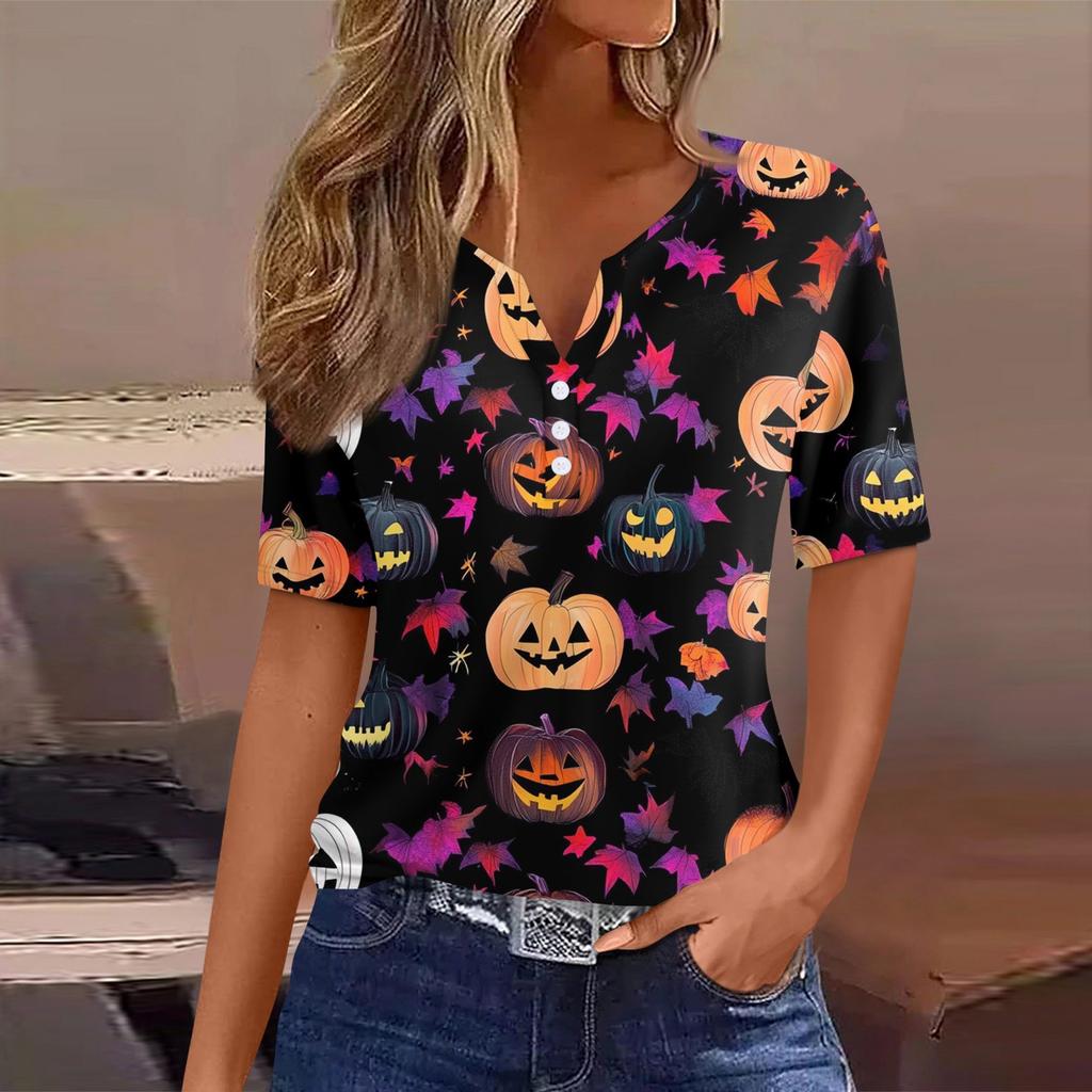Women's T Shirt Tee Halloween Printed Button Short Sleeve Tunic Daily Weekend Fashion Basic V- Neck Regular Top