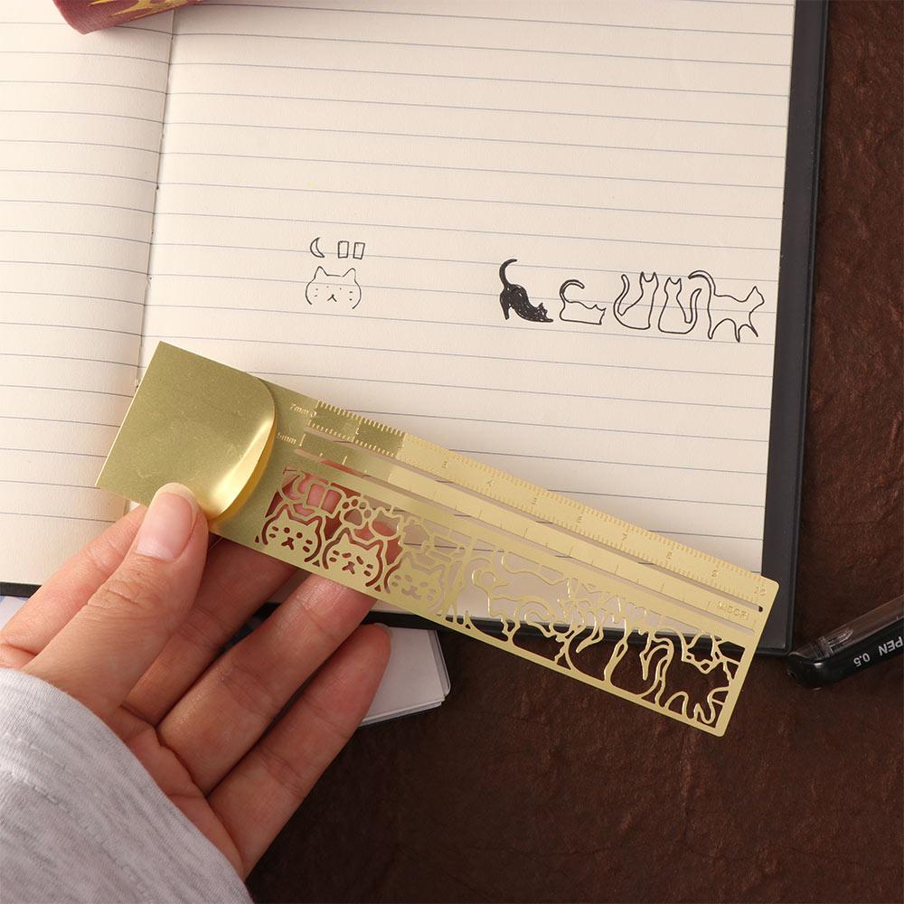 Double-Sided Cat Pattern Ruler Precision Educational Cat Template Ruler Stationery Tool Kawaii Metal Bookmark Planning Book