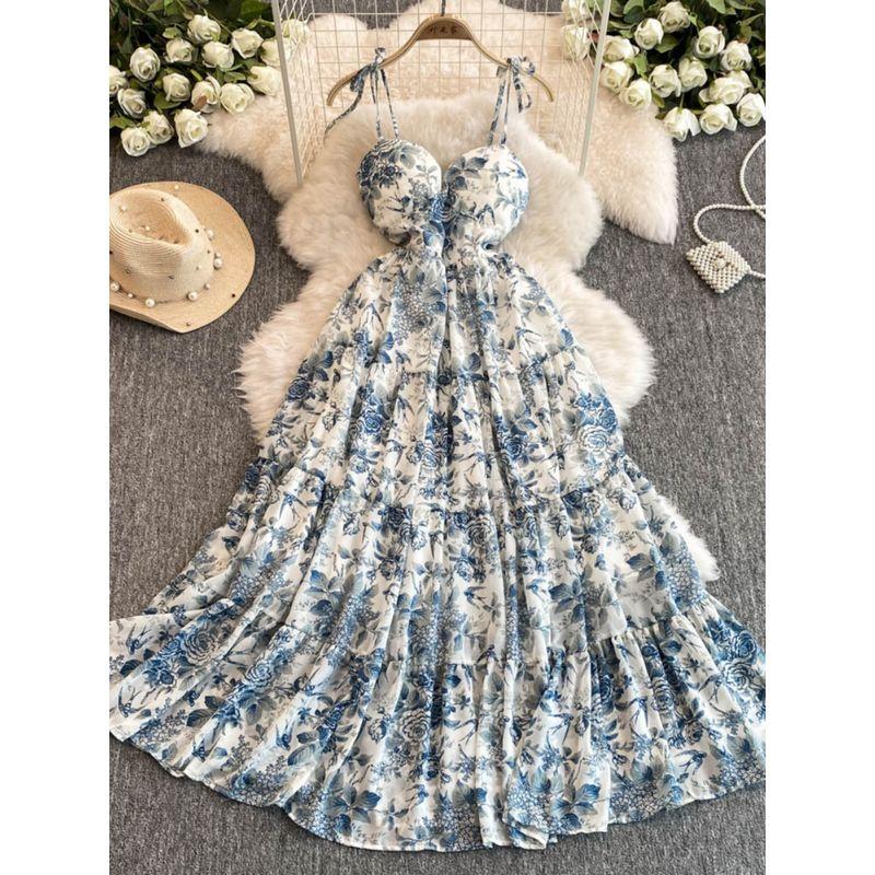Sexy Cutout V-neck Strap Dress Women's Summer Vacation Wear Tight Waist Slimming Flounce Floral Chiffon Skirt