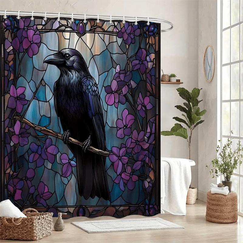 

Stained Glass Raven Shower Curtain Purple Flowers Gothic Design Artistic Print Waterproof Fabric Elegant Bathroom Decor W60H190(CM)-1 Pcs