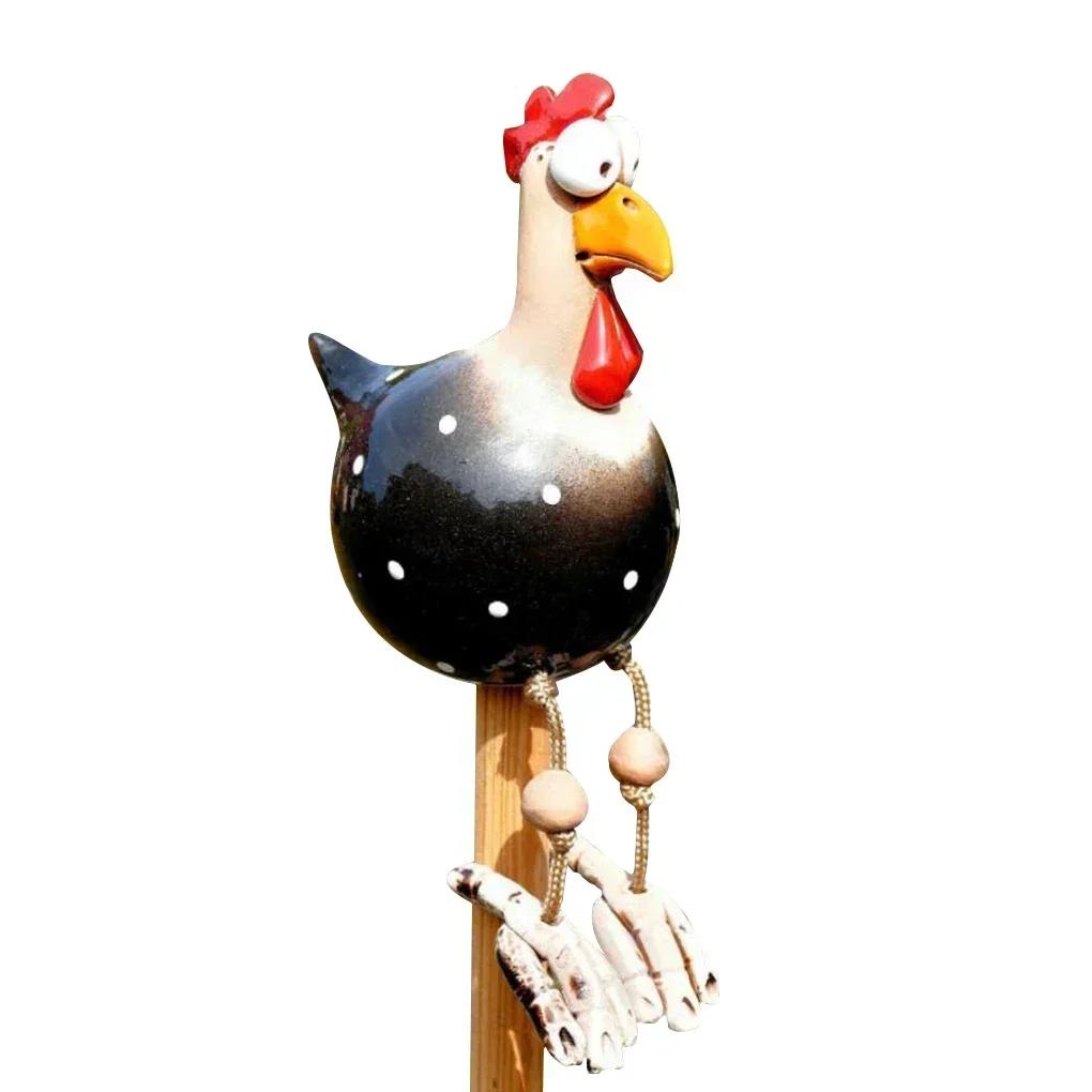 Resin Crafts Statues Funny Big Eyed Chicken Statue Long Foot Hen Sculptures Garden Fence Art Supplies Wooden Stake Decoration