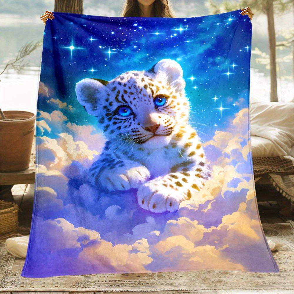 Snow Leopard Cub Flannel Blanket Starry Sky Clouds Background Blue Eyes Animal Art Soft Fleece Throw Dreamy Celestial DesignHome 75x100cm