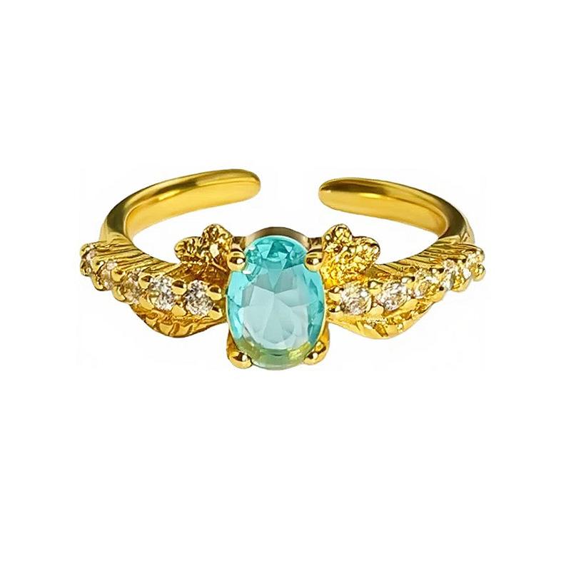 Medieval Vintage Colored Treasure Wings Flash Diamond Zir*****Pen Ring Niche High-End Light Luxury Ring Woman