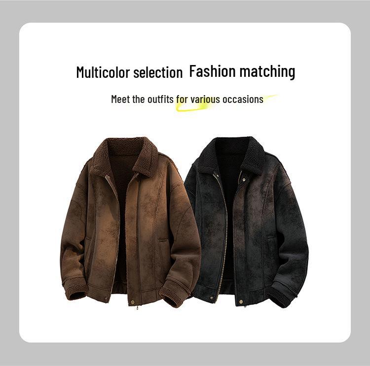 Men's 2025 Winter Warm Lambswool Jacket - Thick, Solid Color, Loose Fit
