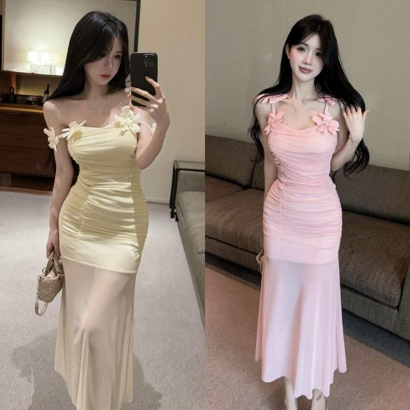 Pink mesh suspender dress women's summer beautiful seaside vacation beach dress hip fish tail long skirt