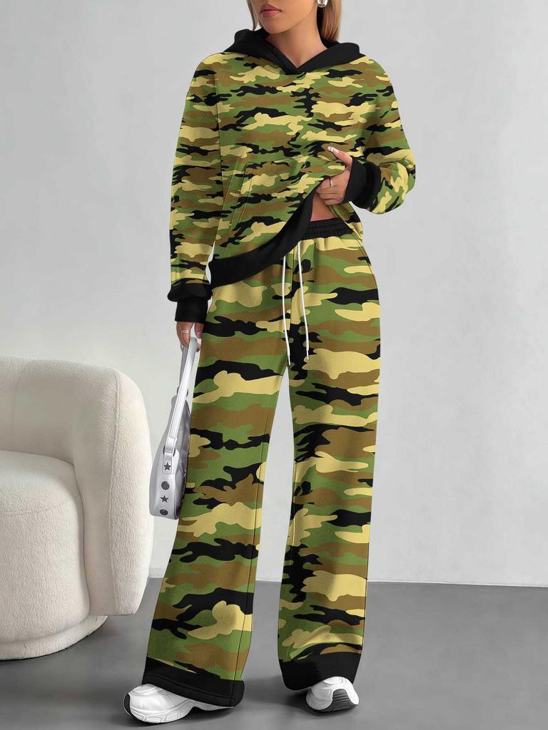 Dark Camouflage European And American Autumn And Winter Casual Long-Sleeved Suit Women'S Hooded Sweater And Trousers Two-Piece Set