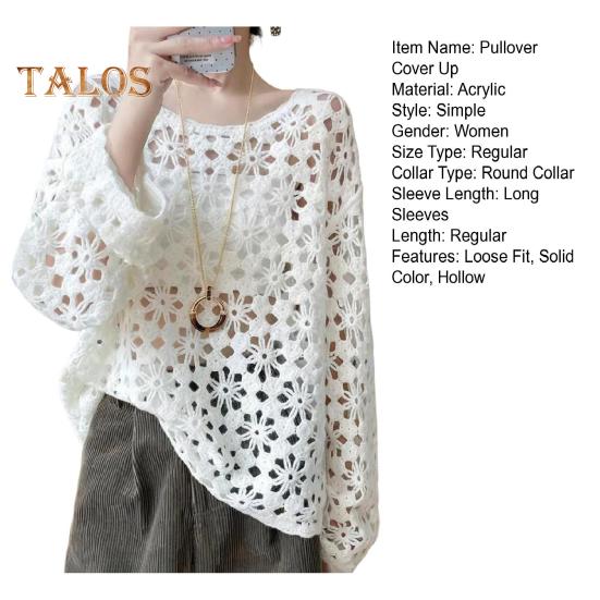 Dámský pulovr Cover Up Kulatý výstřih Dlouhý rukáv Dírkované pletené topy Jednobarevné Háčkované opalovací topy